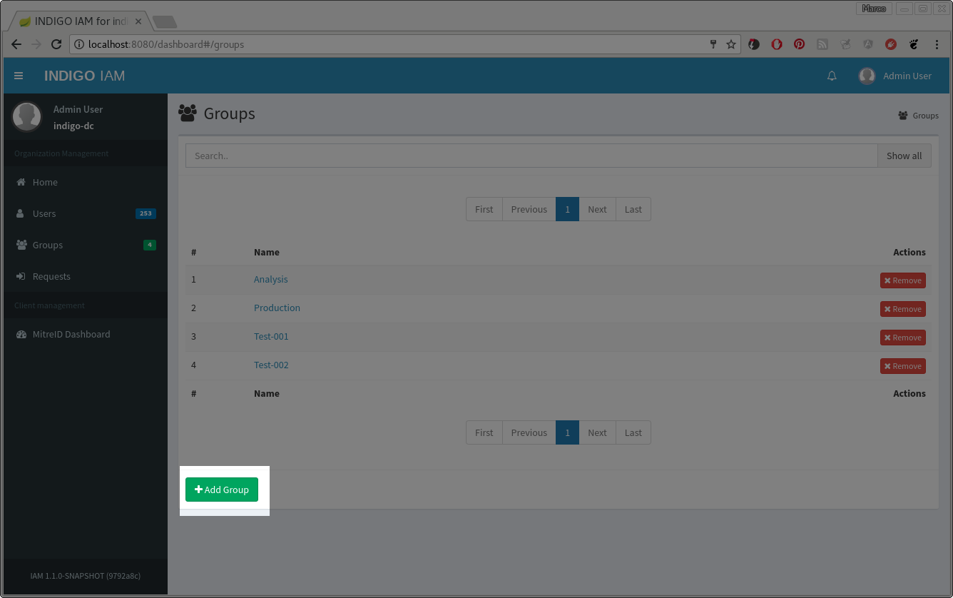 INDIGO IAM Add Group button