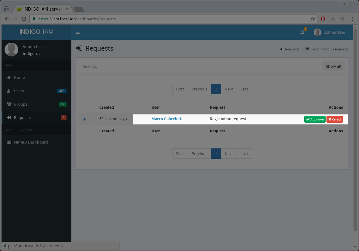 INDIGO IAM Registration management page