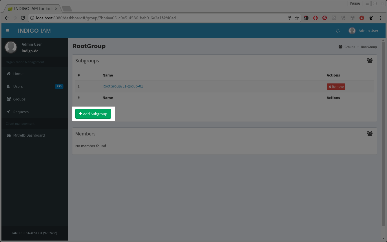 INDIGO IAM Add Subgroup button
