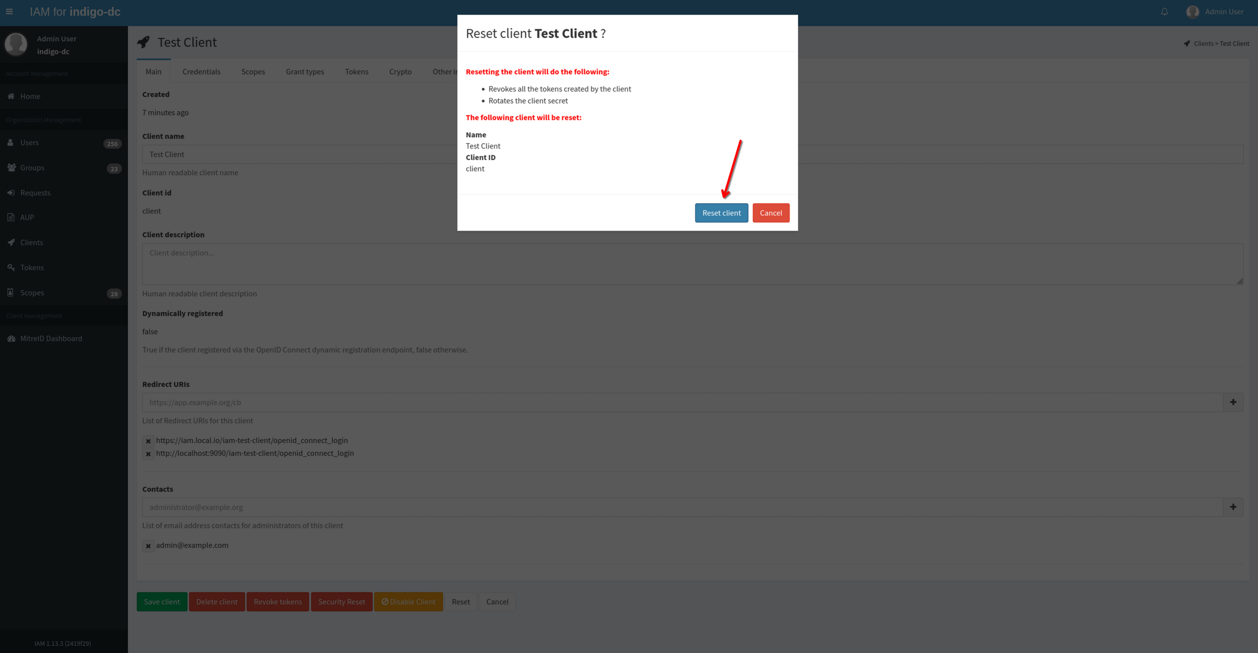 reset client modal