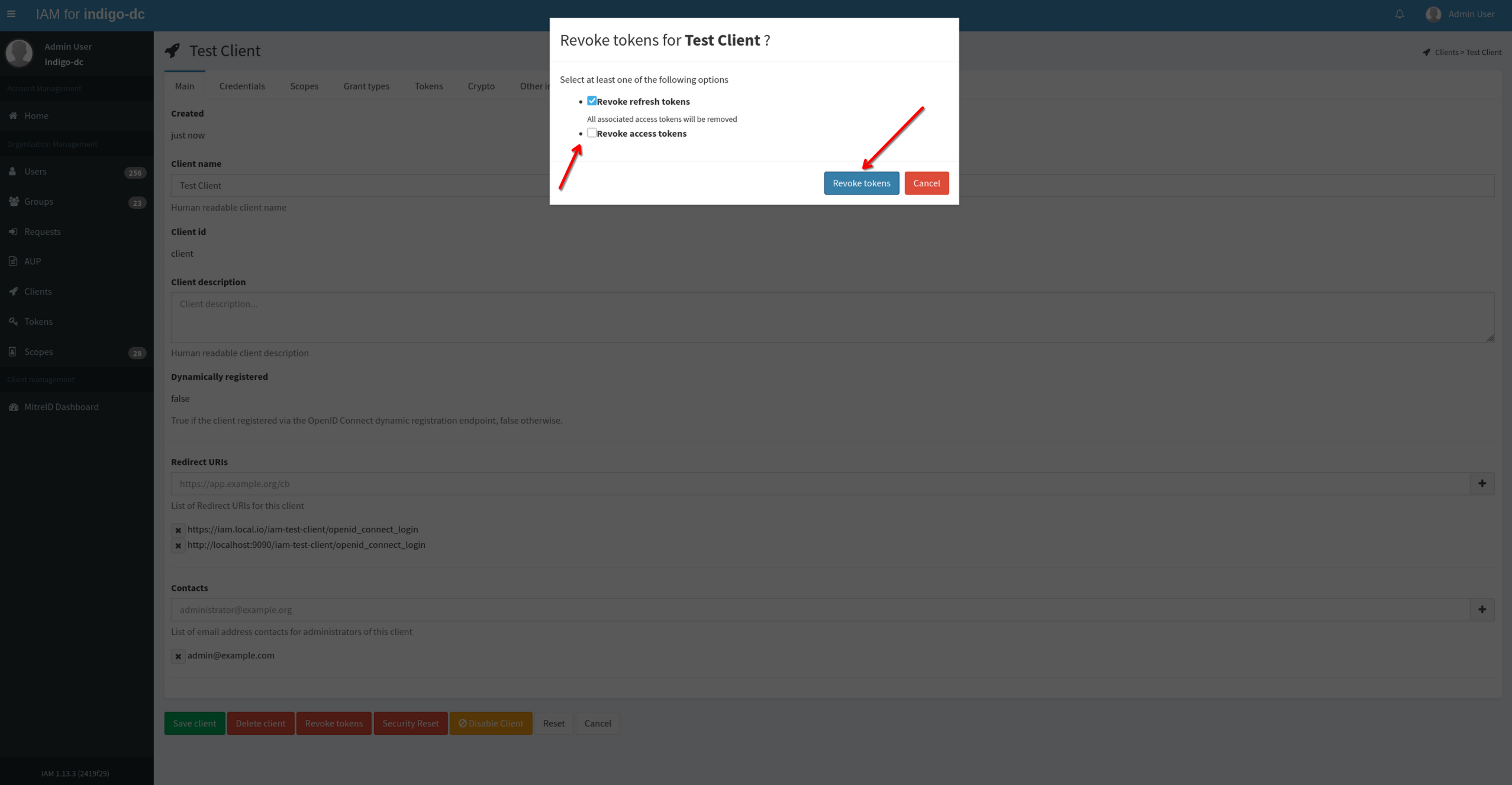 revoke tokens modal