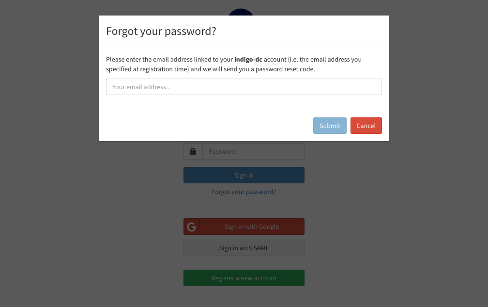 INDIGO IAM Forgot Password submission form