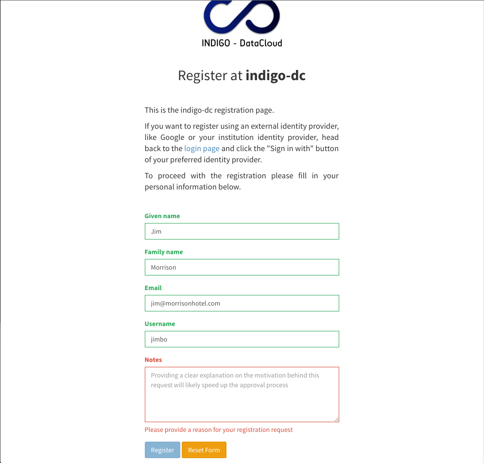 INDIGO IAM Registration form